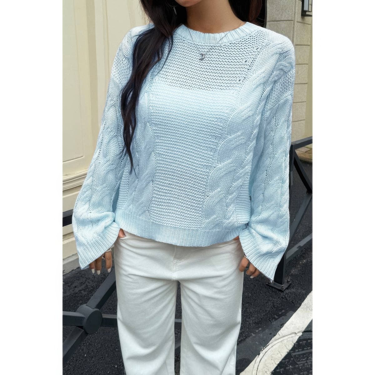 Women's cable knit round neck pullover sweater, soft cozy acrylic, textured classic pattern layering essential