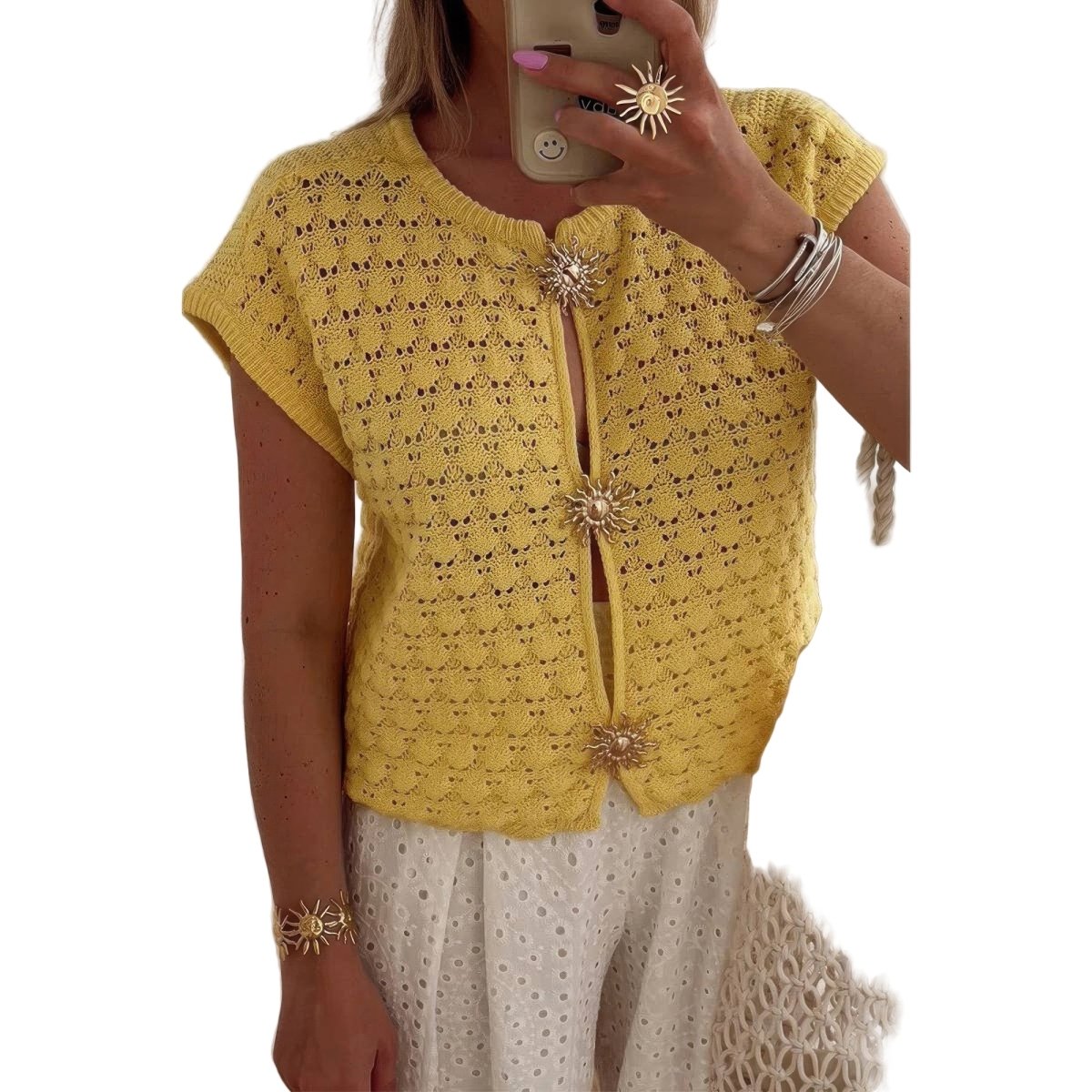 Women's lightweight open-knit crochet sweater, short sleeve button-front V-neck layering piece