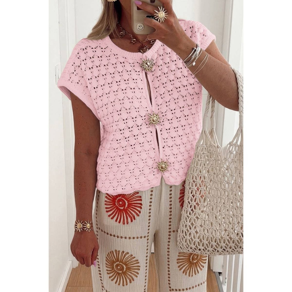 Women's lightweight open-knit crochet sweater, short sleeve V-neck button-front layering piece