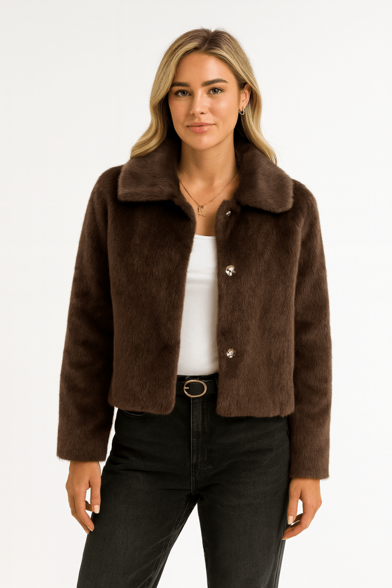 Women's cropped faux fur jacket, plush texture, button-front closure, chic fall outerwear