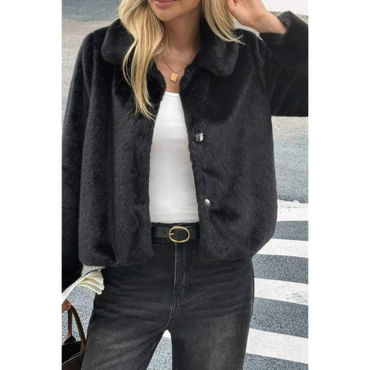 Women's cropped faux fur jacket plush texture button-front closure fall chic outerwear