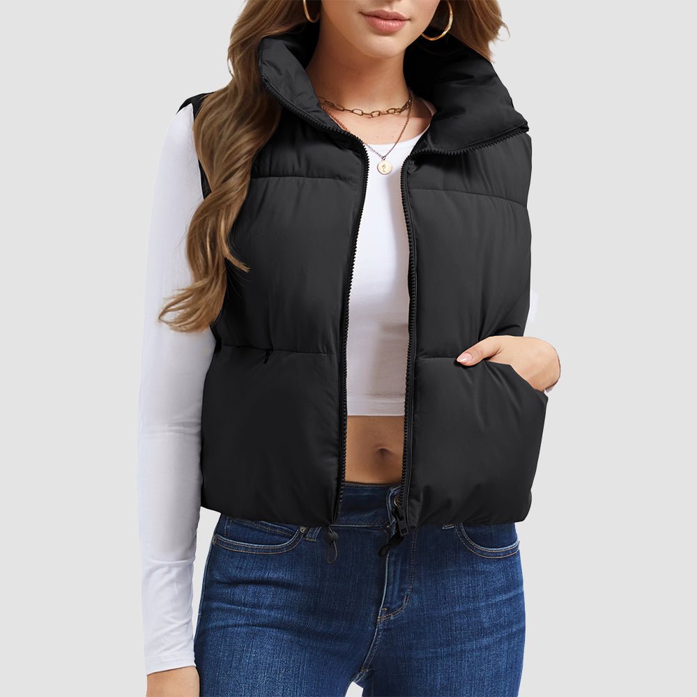 Women's cropped puffer vest lightweight polyester stand collar with hidden zip pockets winter outerwear