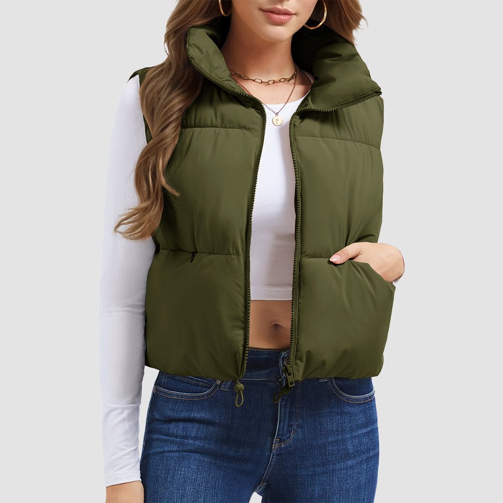 Women's cropped puffer vest lightweight polyester stand collar with hidden zip pockets for layered style