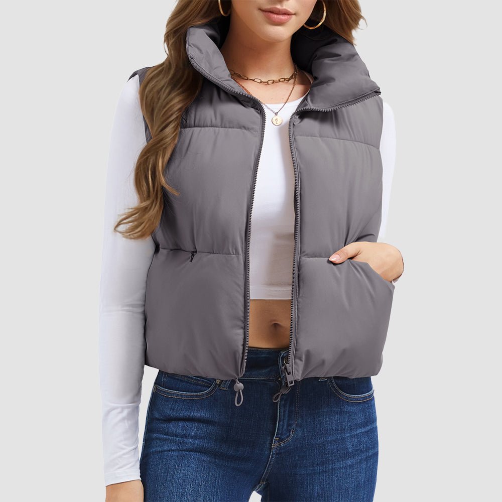 Women's cropped puffer vest lightweight insulated stand collar with hidden zip pockets everyday style