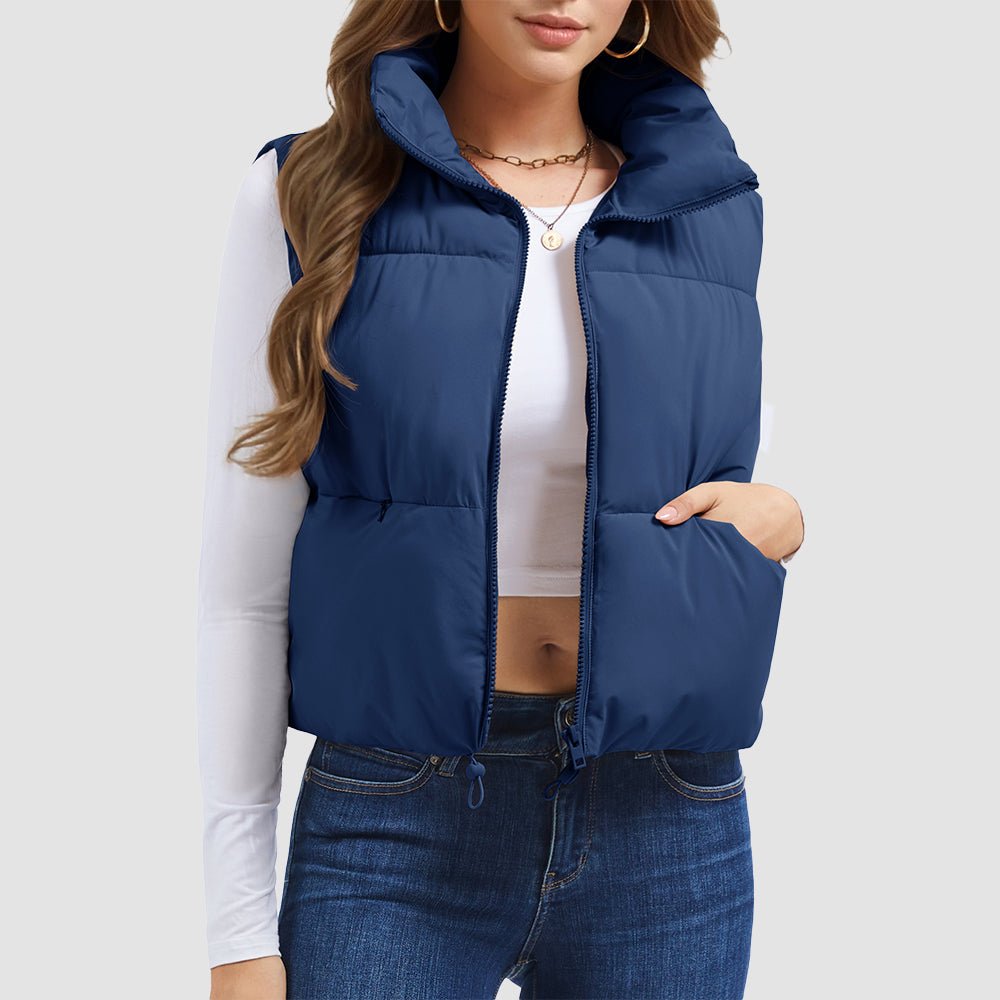Women's cropped puffer vest lightweight warm stand collar hidden zip pockets versatile winter outerwear