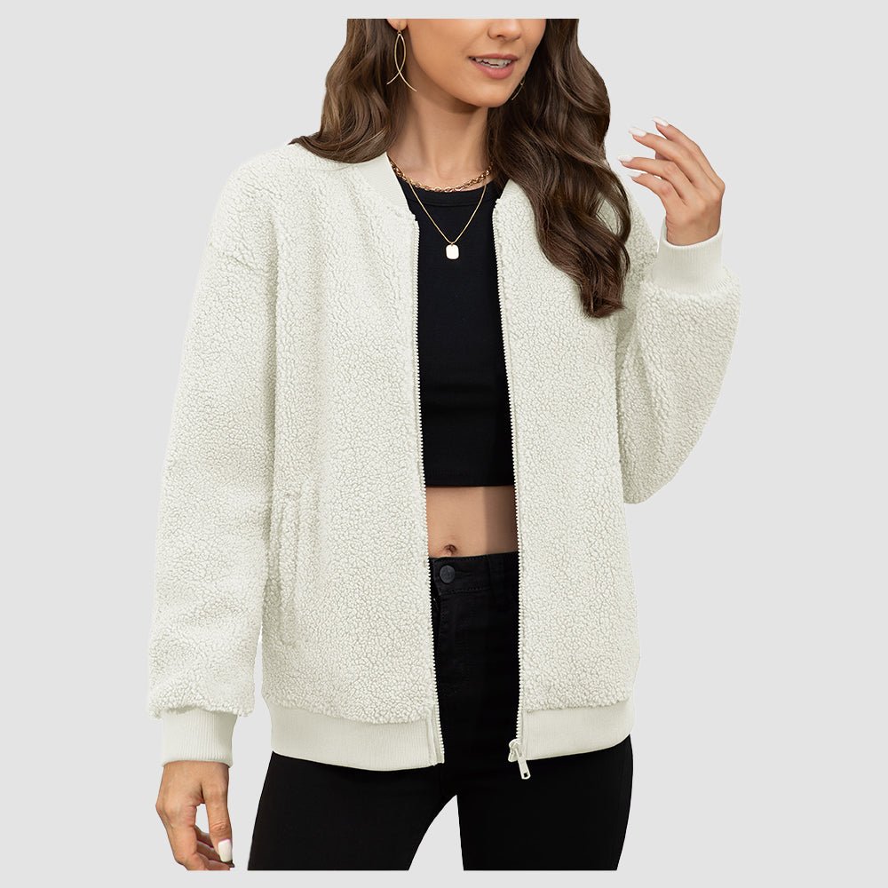 Women's cropped sherpa bomber jacket beige teddy fleece lining zip-up lightweight warm street style