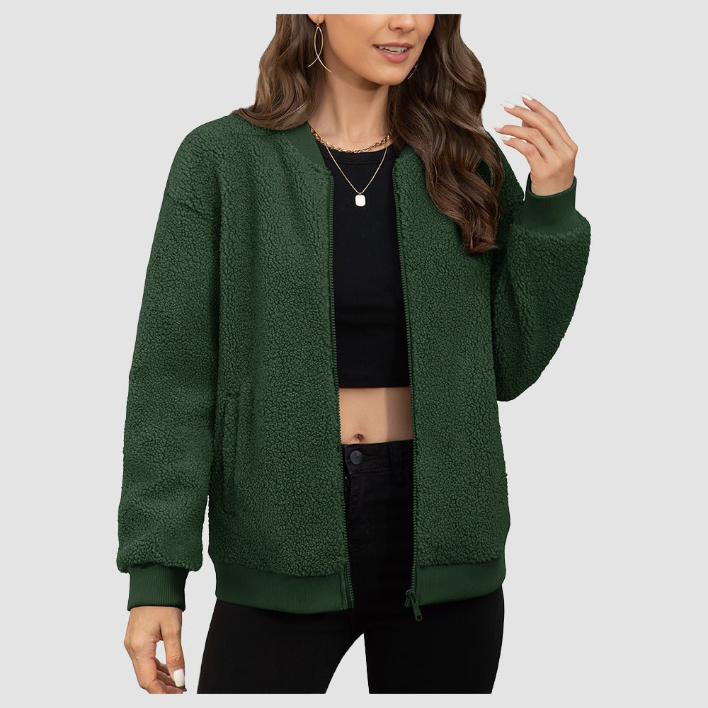 Women's cropped sherpa bomber jacket with plush teddy fleece lining, zip-up, lightweight warm street style