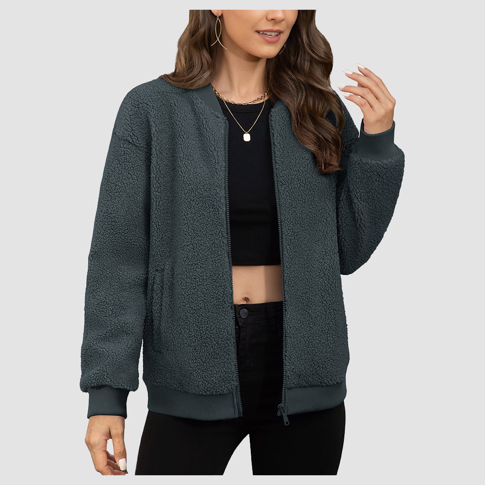 Women's cropped sherpa bomber jacket with teddy fleece lining, zip-up, lightweight warm street-style
