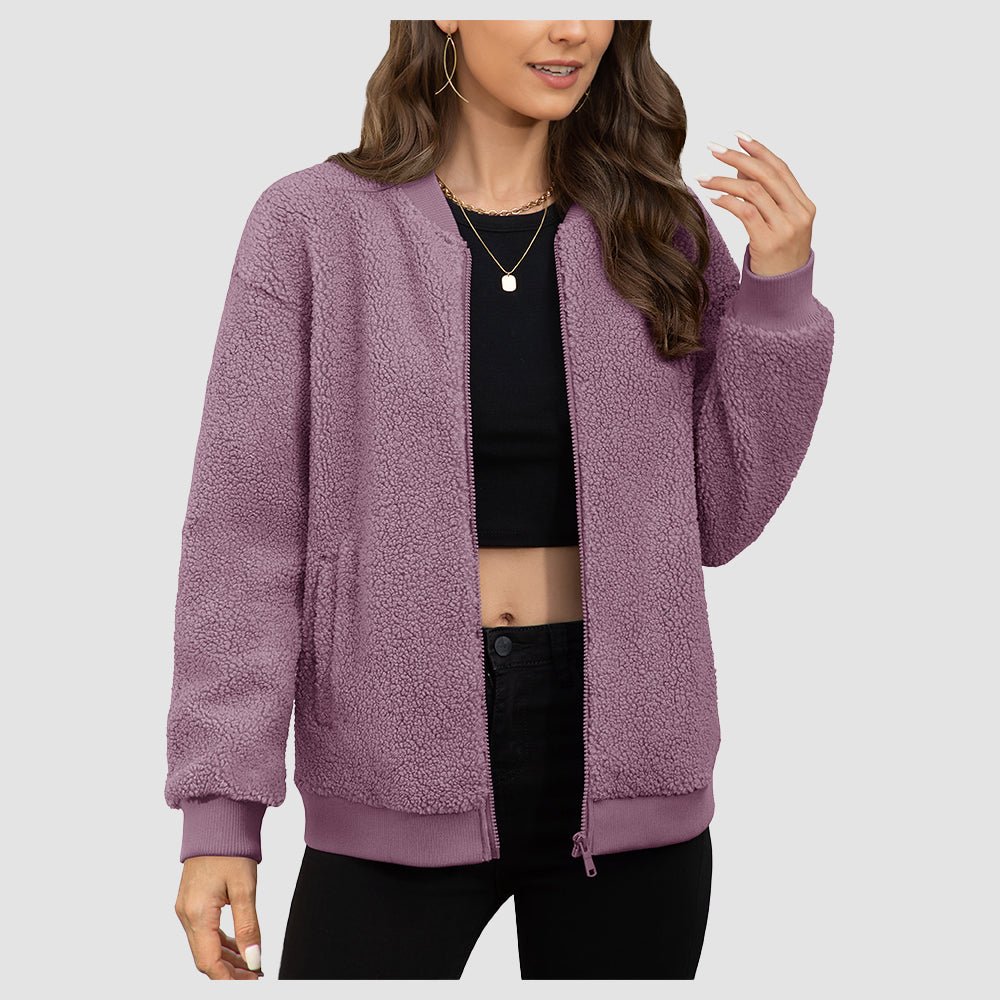 Women's cropped sherpa bomber jacket with plush teddy fleece lining, zip-up closure, lightweight warmth