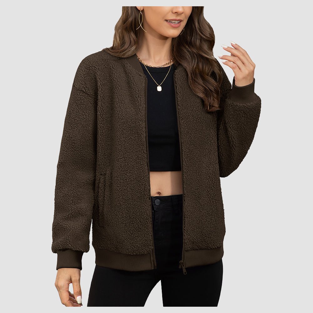 Women's cropped sherpa bomber jacket beige teddy fleece lining zip-up lightweight warm street style