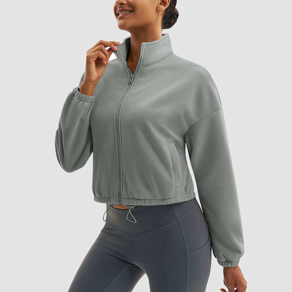 Women's cropped sherpa fleece jacket full-zip stand collar winter coat lightweight cozy fit