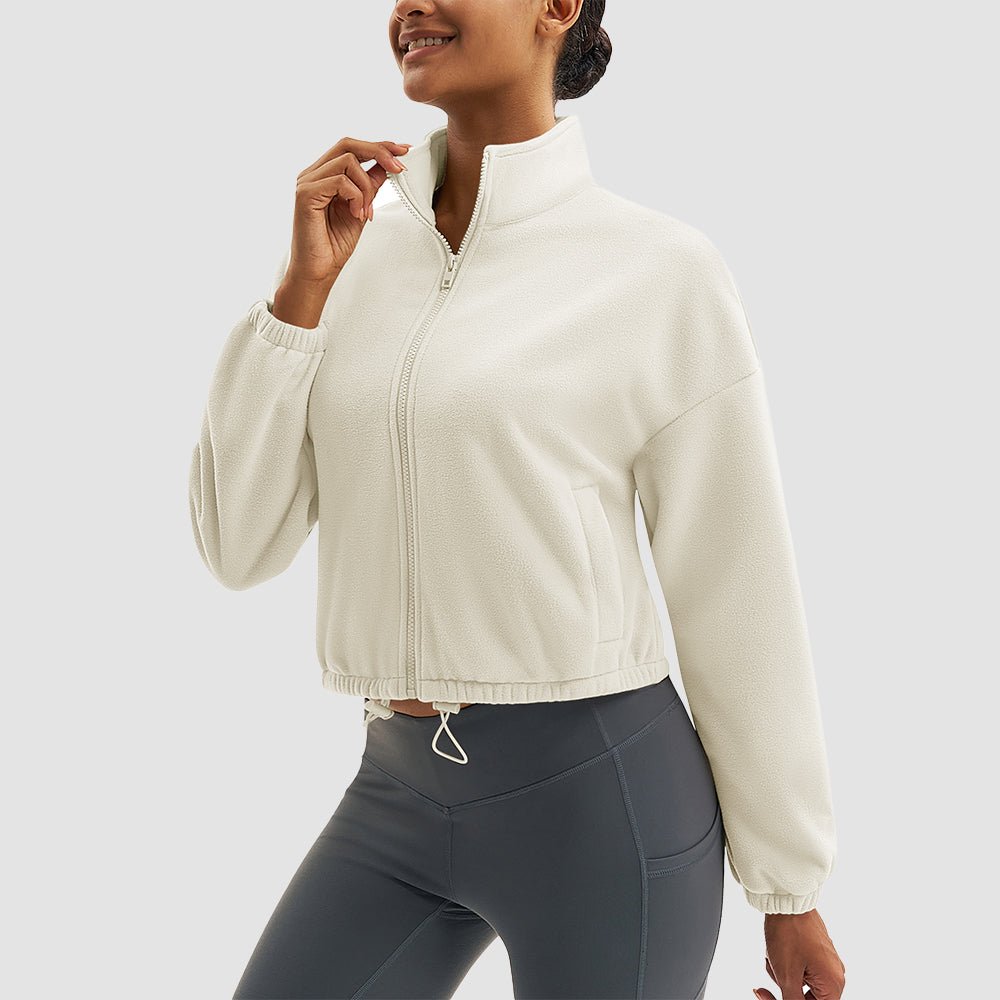 Women's cropped sherpa fleece jacket full-zip stand collar lightweight cozy winter coat