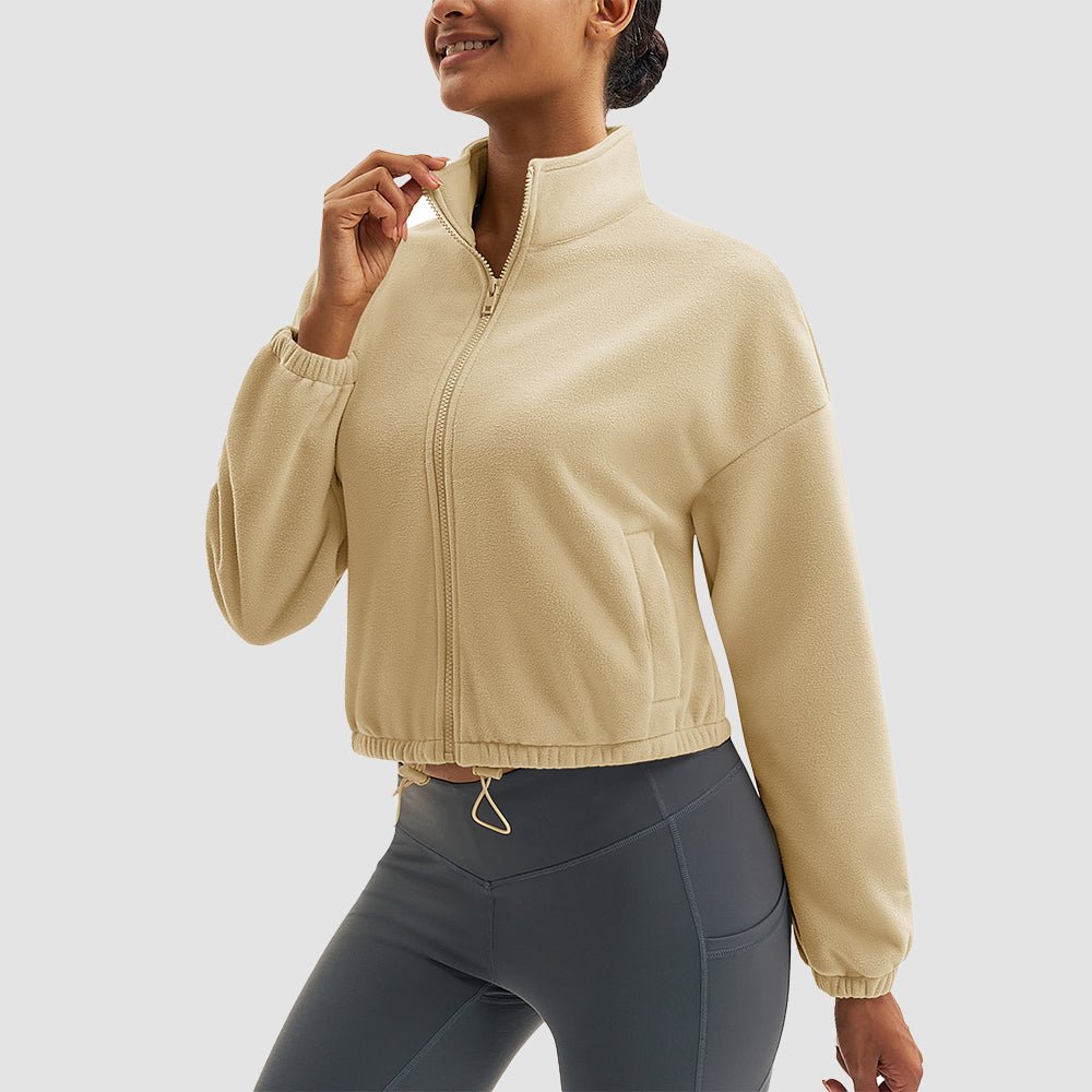 Women's cropped sherpa fleece jacket full-zip stand collar winter coat lightweight cozy fit