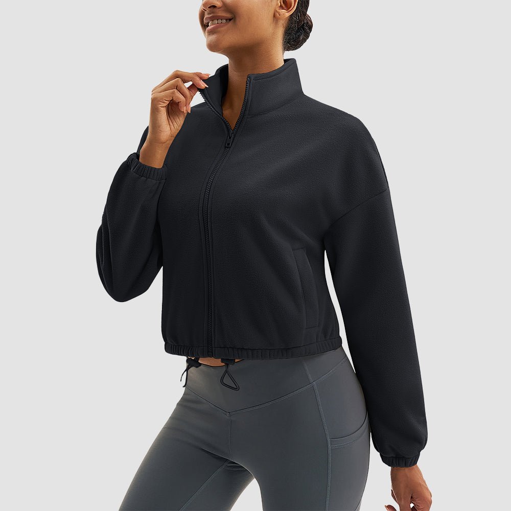 Women's cropped sherpa fleece jacket full-zip stand collar lightweight cozy winter coat
