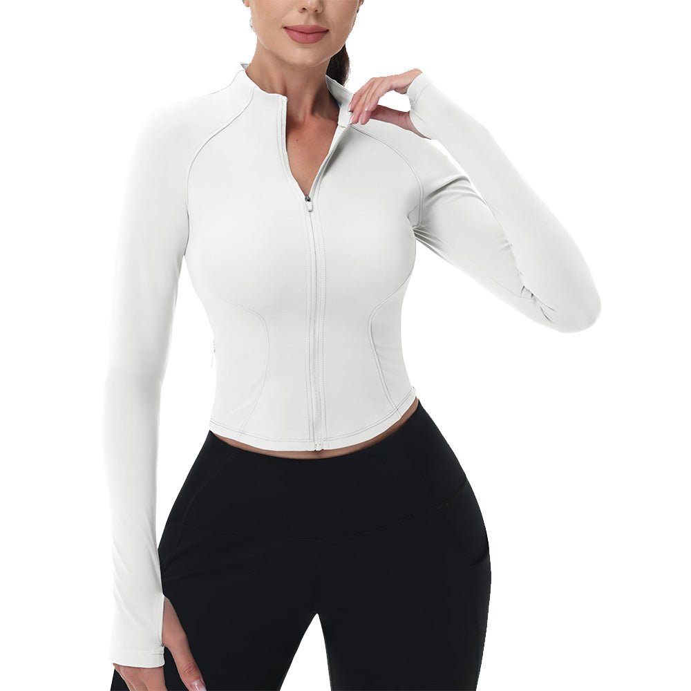 Women's cropped zip-up workout jacket slim fit sculpting contour seams lightweight yoga running top
