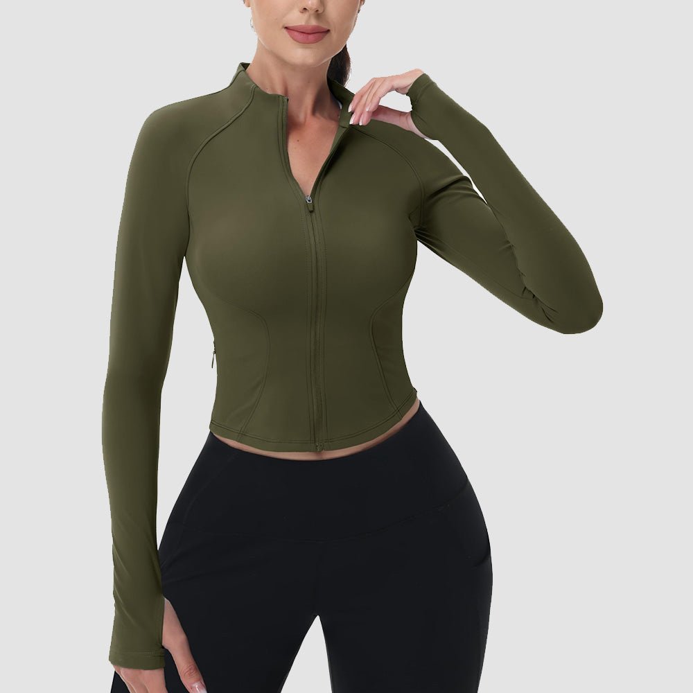 Women's cropped zip-up workout jacket slim fit contour seams lightweight sculpting yoga running top