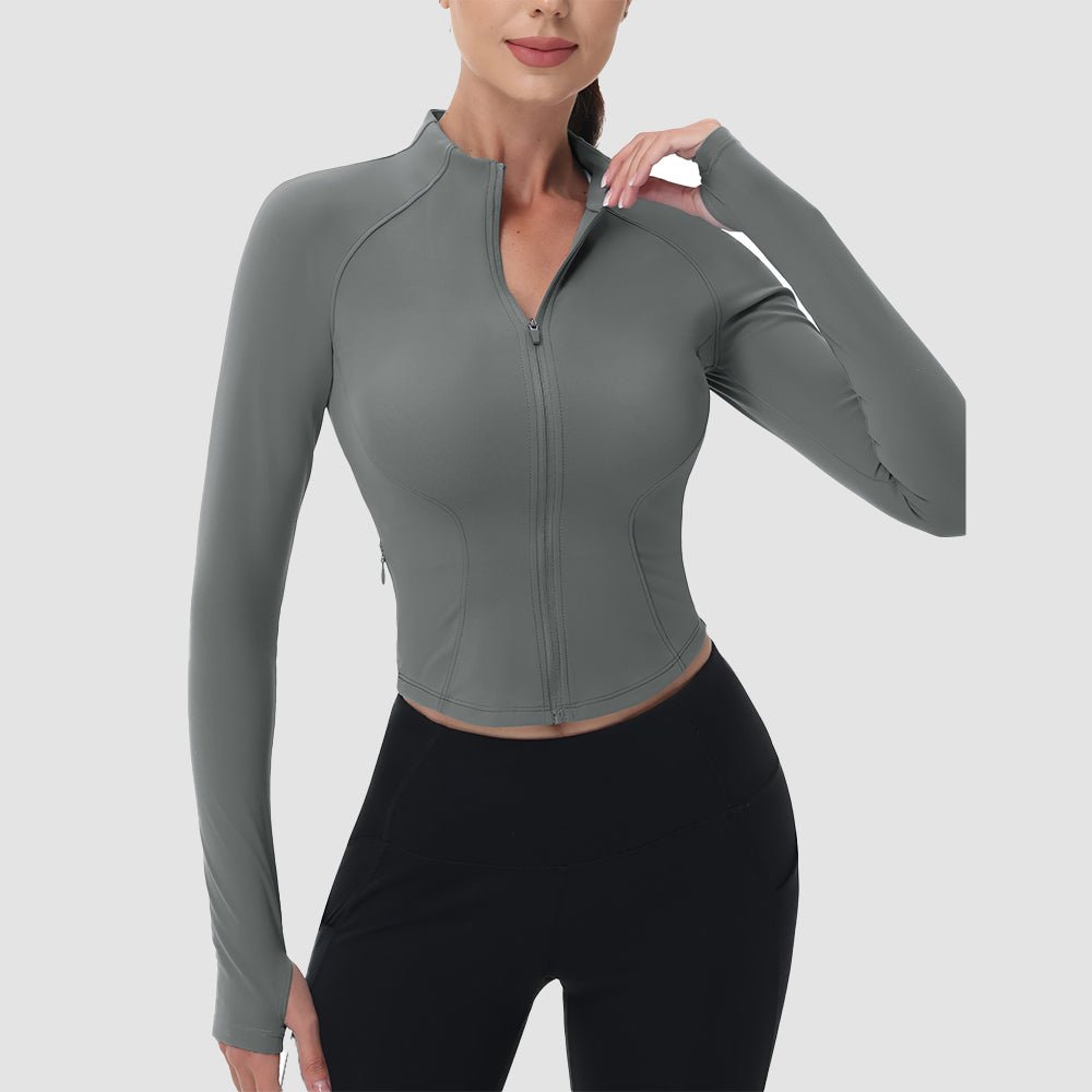 Women's cropped zip-up workout jacket slim sculpting fit with contour seams lightweight yoga running top