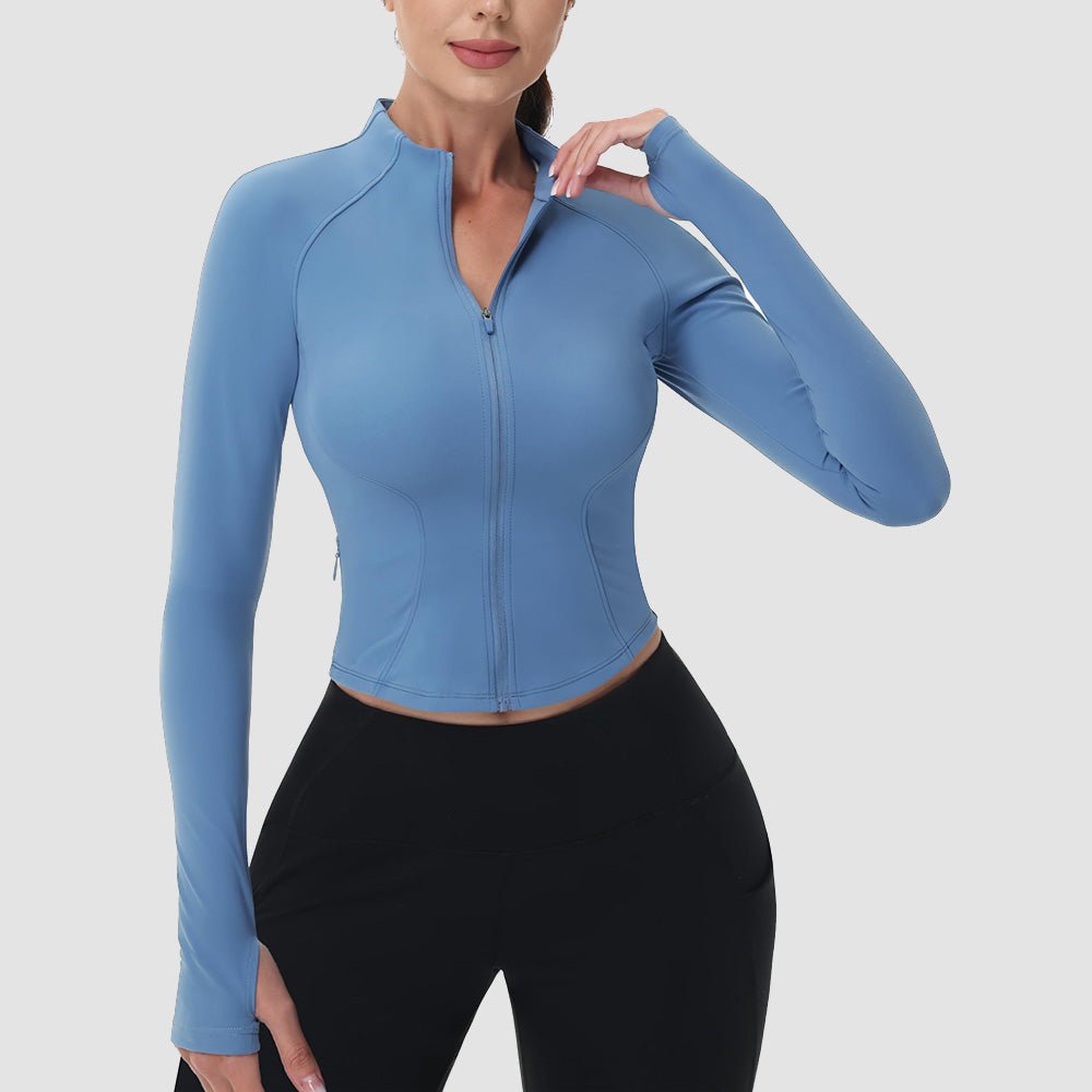 Women's cropped zip-up workout jacket slim fit contour seams lightweight sculpting yoga running top