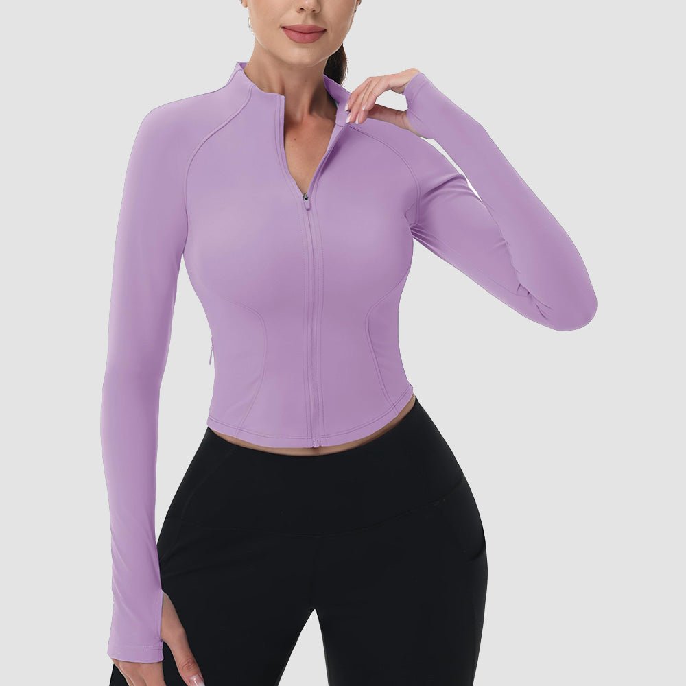 Women's cropped zip-up workout jacket slim fit contour seams lightweight yoga running top