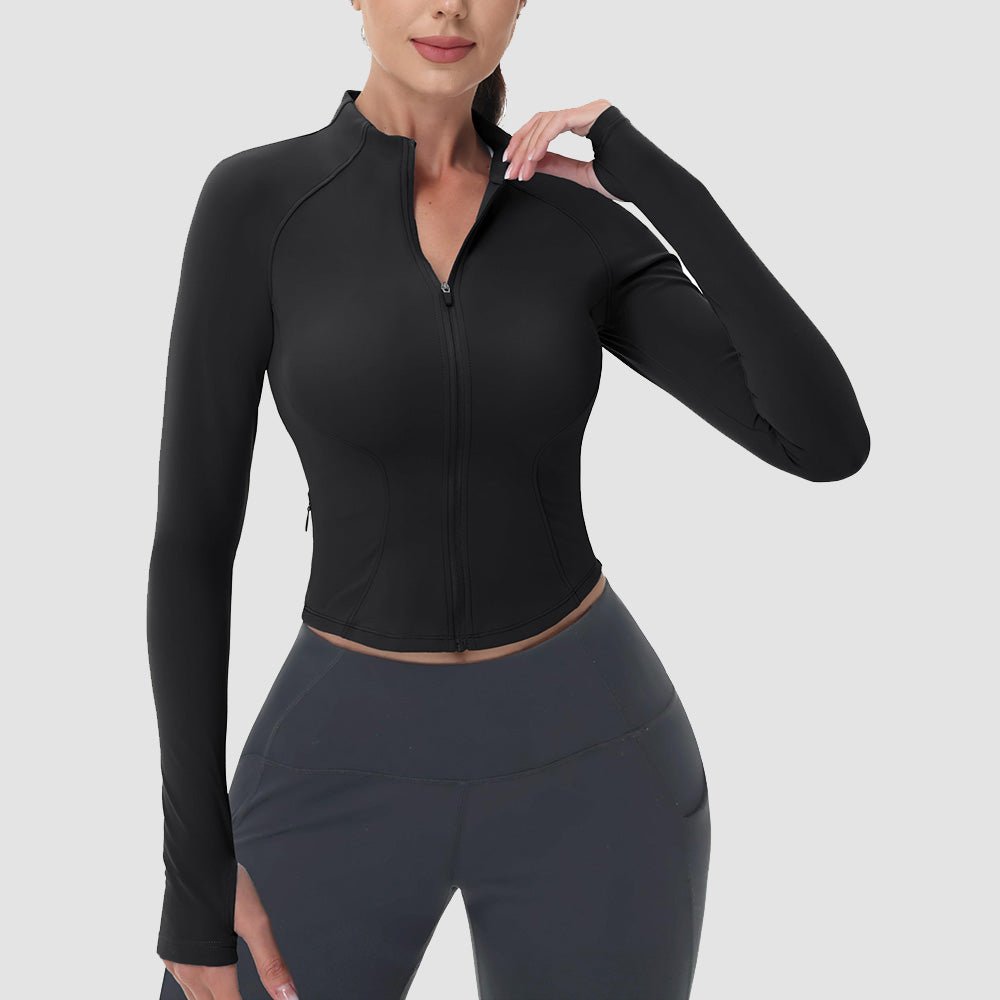 Women's cropped zip-up workout jacket slim fit contour seams lightweight sculpting yoga running top