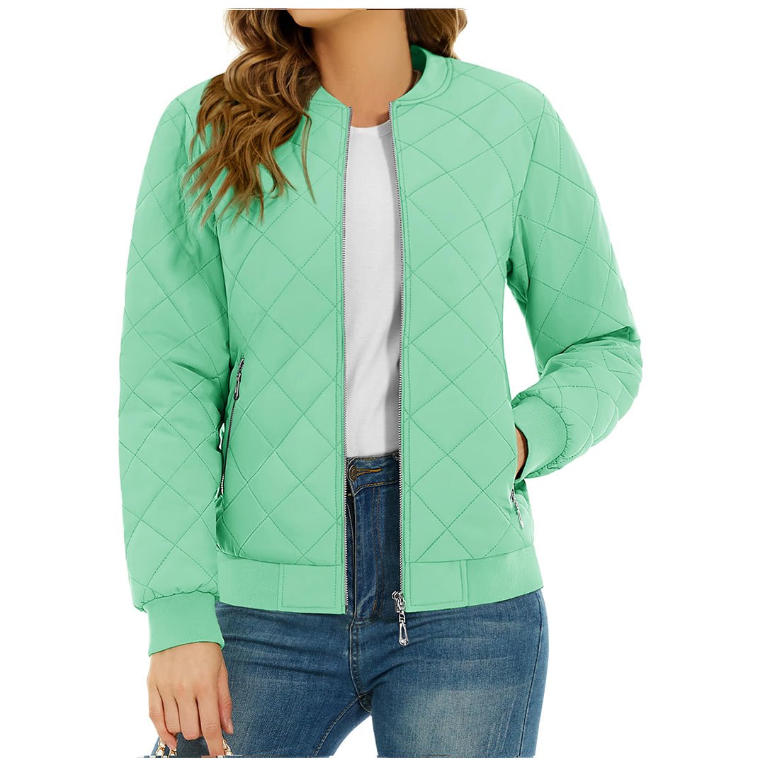 Women's lightweight diamond quilted bomber jacket casual everyday all-season wear with metal zipper