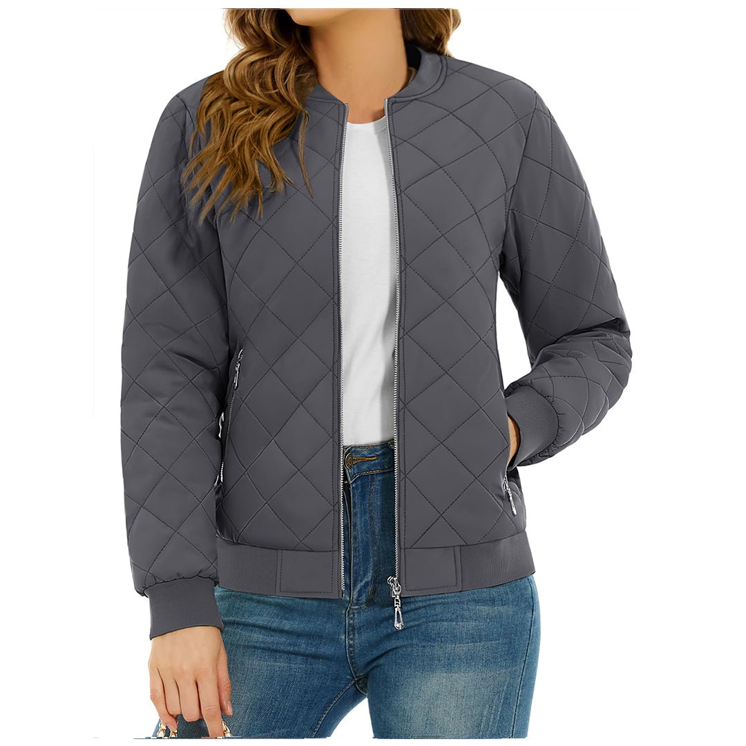 Women's lightweight diamond quilted bomber jacket casual everyday all-season wear with metal zipper