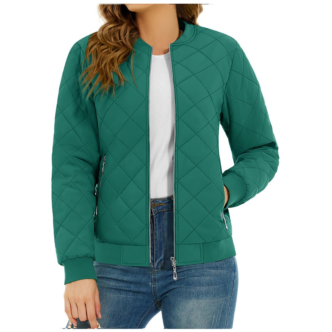 Women's lightweight diamond quilted bomber jacket casual everyday style smooth metal zipper