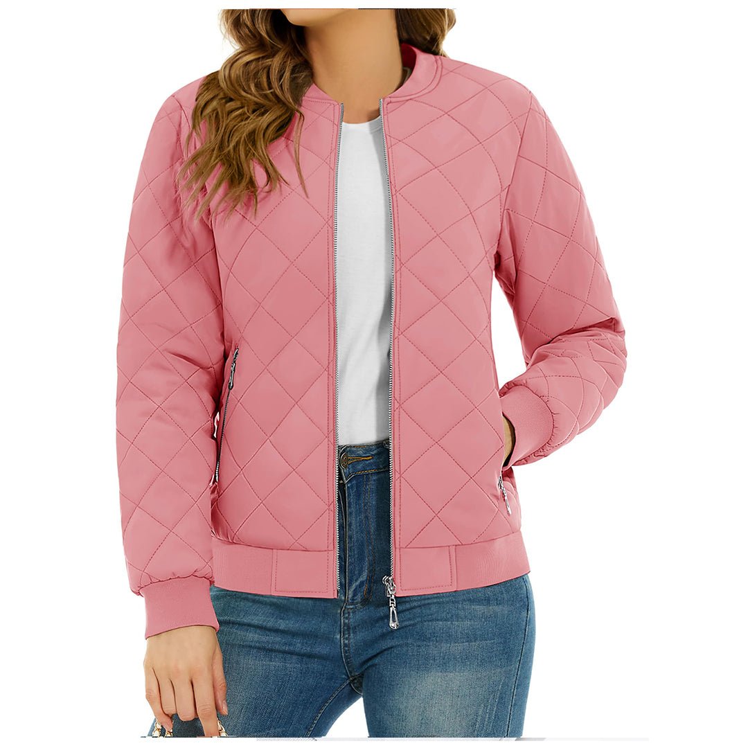 Women's lightweight diamond quilted bomber jacket casual everyday style with smooth metal zipper