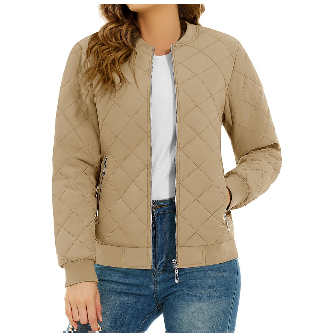 Women's lightweight diamond quilted bomber jacket casual everyday style with textured pattern