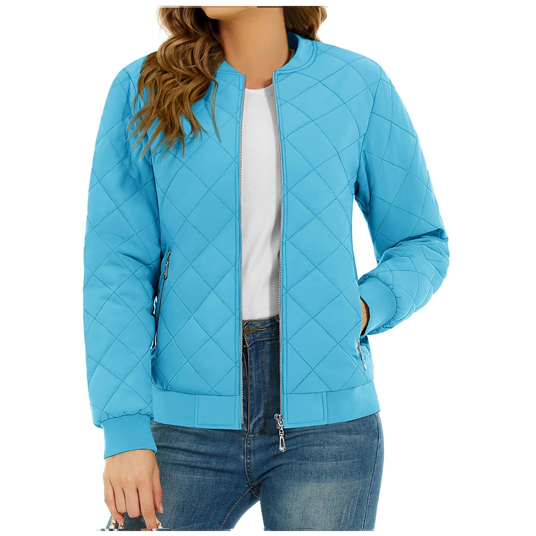 Women's lightweight diamond quilted bomber jacket casual everyday style with smooth metal zipper