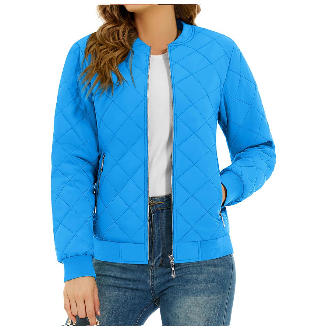 Women's lightweight diamond quilted bomber jacket casual everyday style with smooth metal zipper