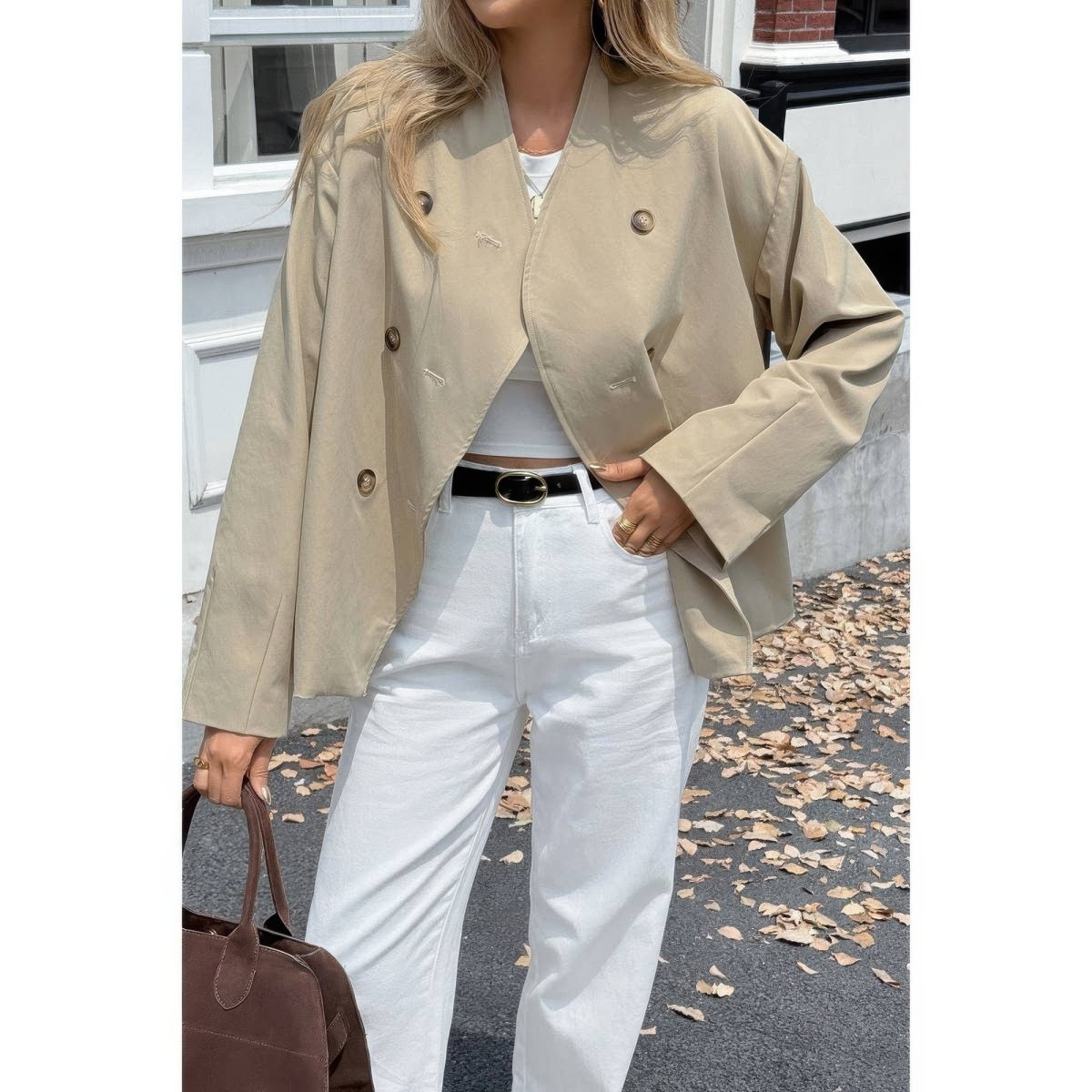Women's double-breasted V-neck trench coat mid-length long sleeve minimalist tailored outerwear
