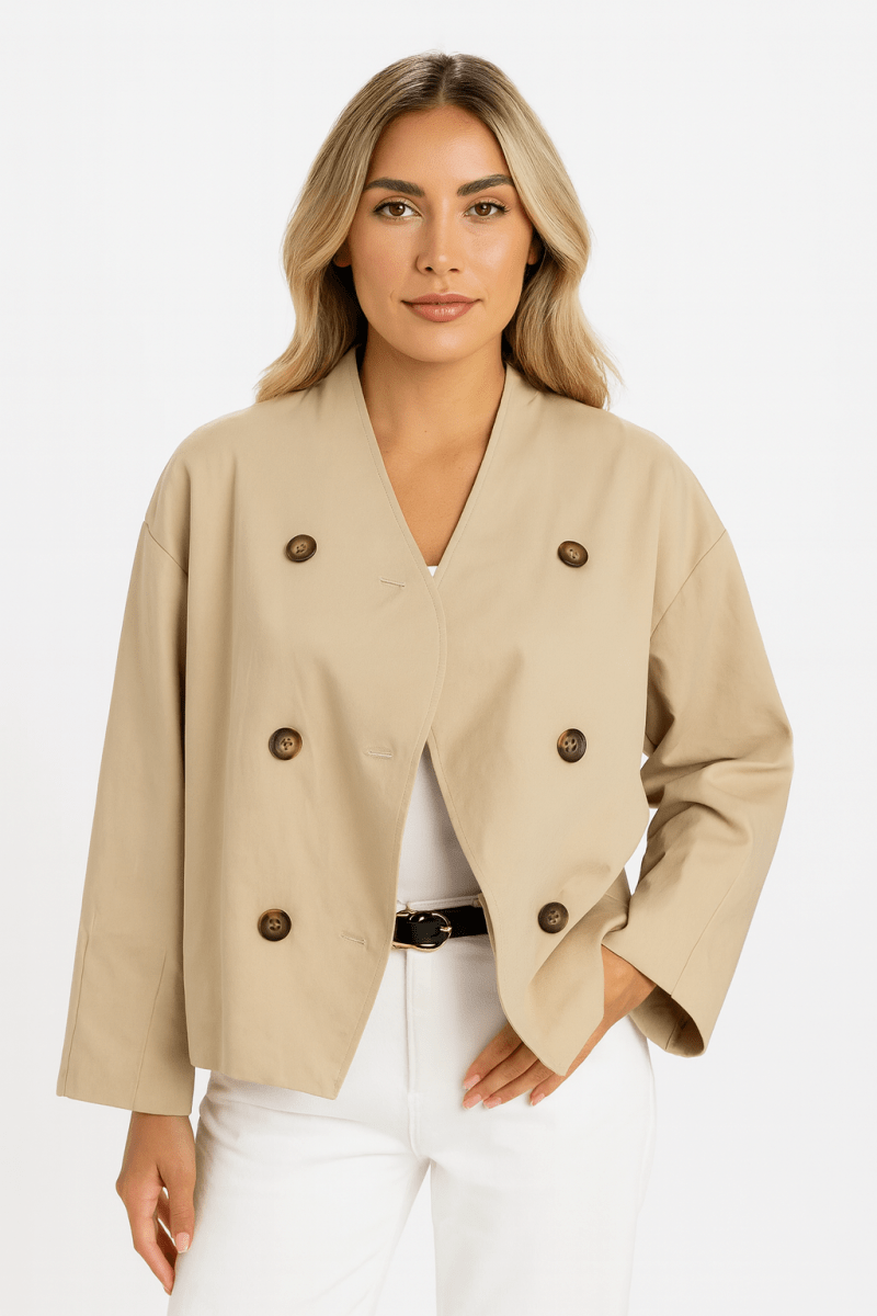 Women's double-breasted V-neck trench coat mid-length long sleeve minimalist tailored outerwear