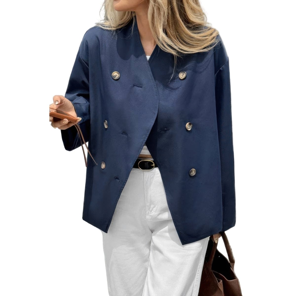 Women's double-breasted V-neck trench coat mid-length minimalist tailored long sleeve outerwear