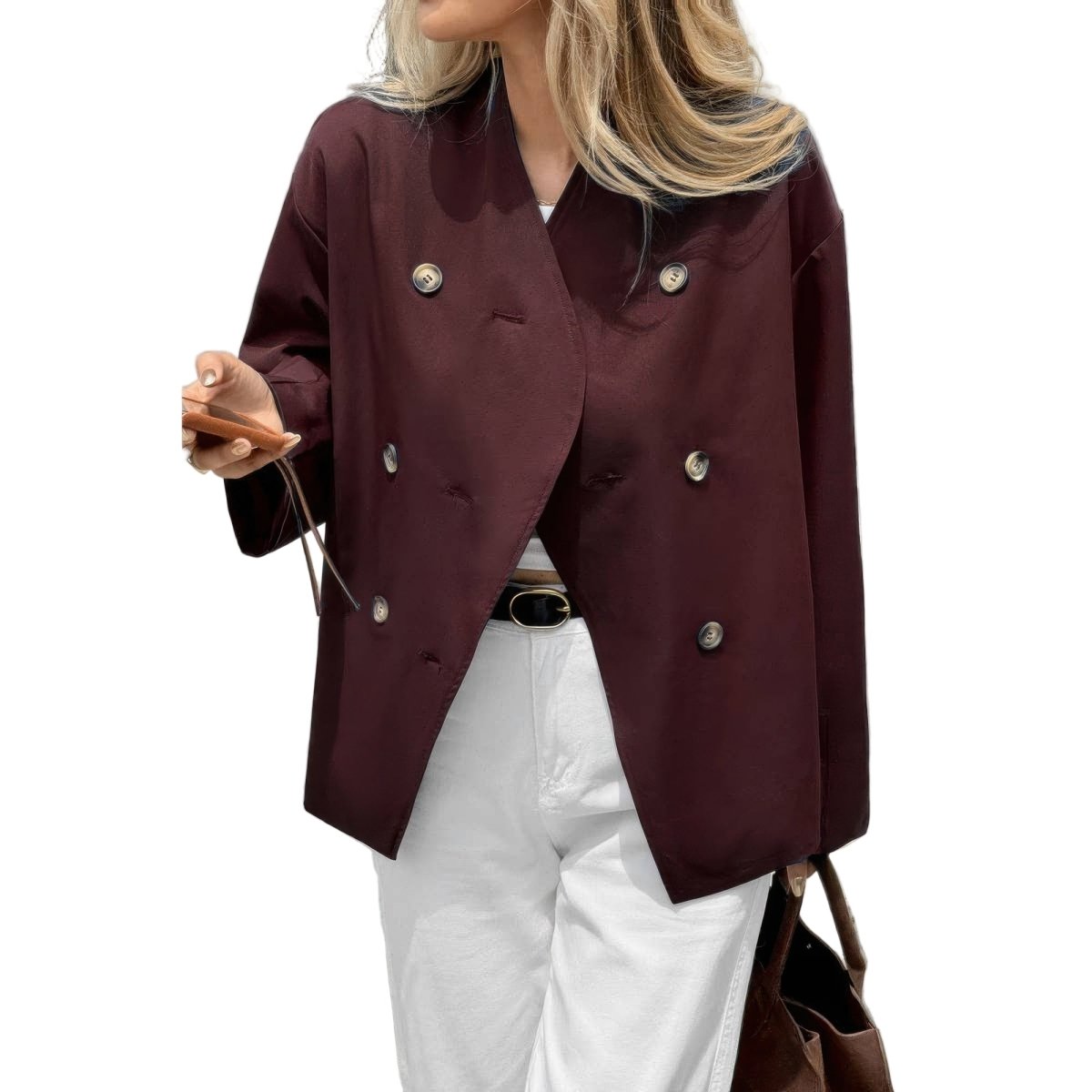 Women's double-breasted V-neck trench coat mid-length long sleeve timeless tailored outerwear