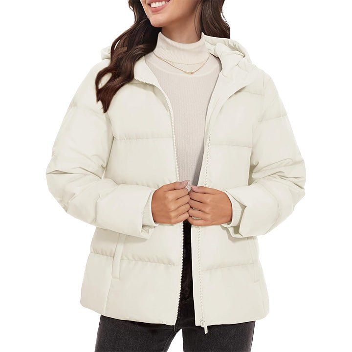 Women's lightweight quilted hooded down jacket, slim winter coat with pockets, 120g fill insulation