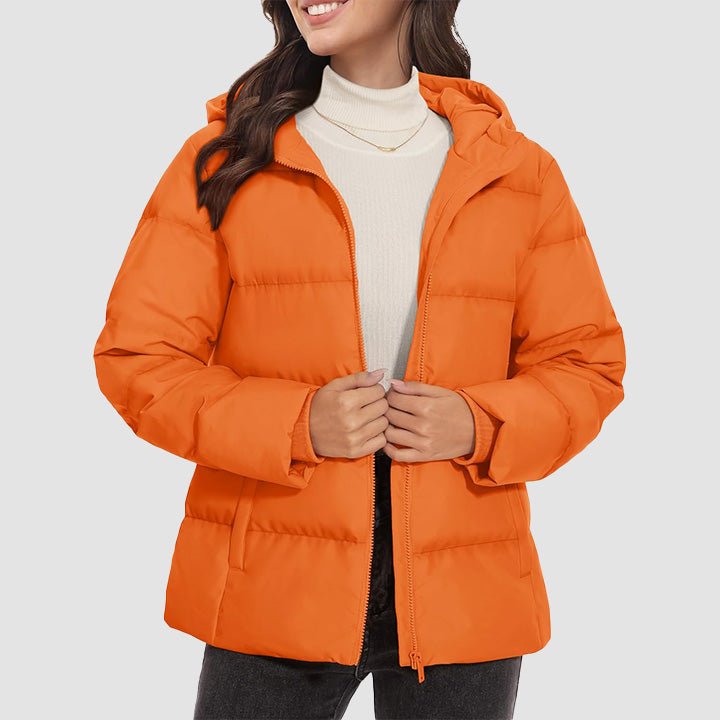 Women's lightweight quilted hooded down jacket winter coat with pockets, slim thermal silhouette