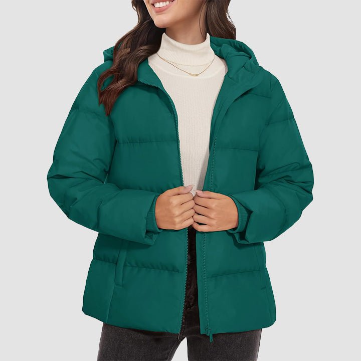 Women's lightweight quilted hooded down jacket winter coat with pockets, slim thermal fit