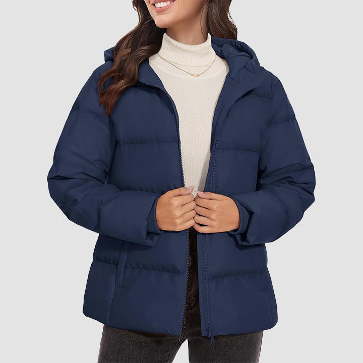 Women's lightweight quilted hooded down jacket with pockets, slim winter coat in neutral tone