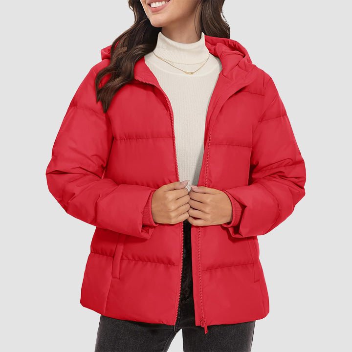 Women's lightweight quilted hooded down jacket slim winter coat with side pockets, 120g fill insulation