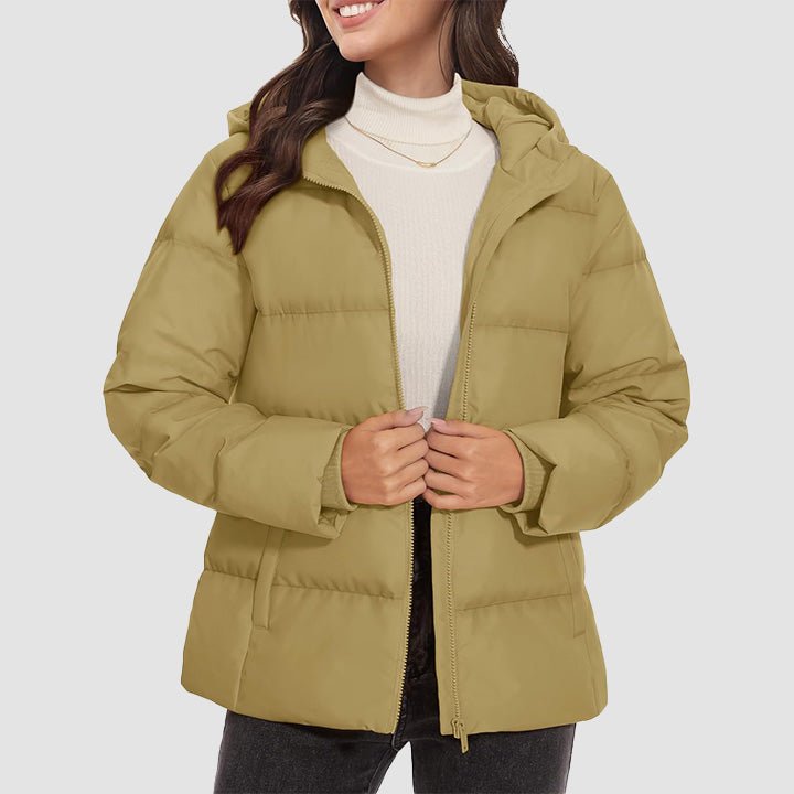 Women's lightweight quilted hooded down jacket slim winter coat with side pockets, 120g fill insulation