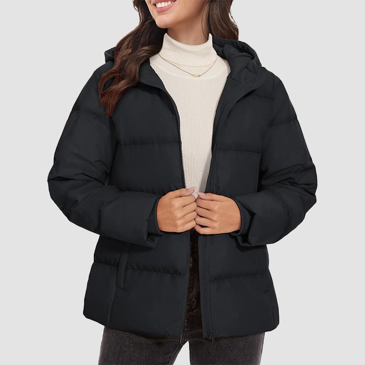 Women's lightweight quilted hooded down jacket slim winter coat with side pockets, 120g fill insulation