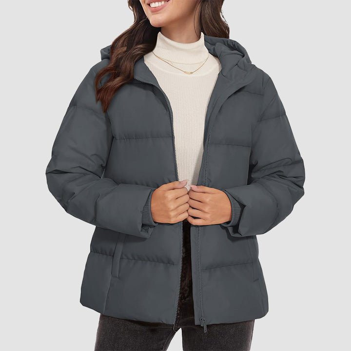 Women's lightweight quilted hooded down jacket winter coat with side pockets, slim thermal fit