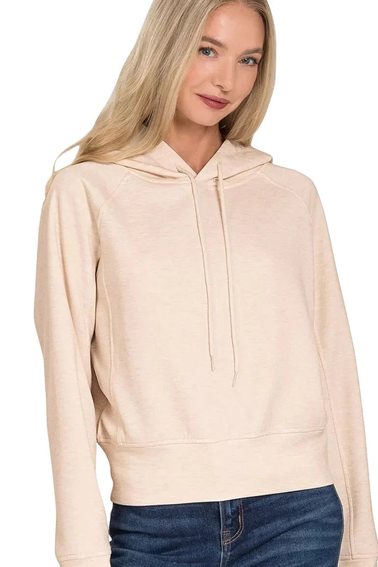 Women's lightweight scuba hoodie jacket full-zip drawstring hood breathable knit streamlined silhouette