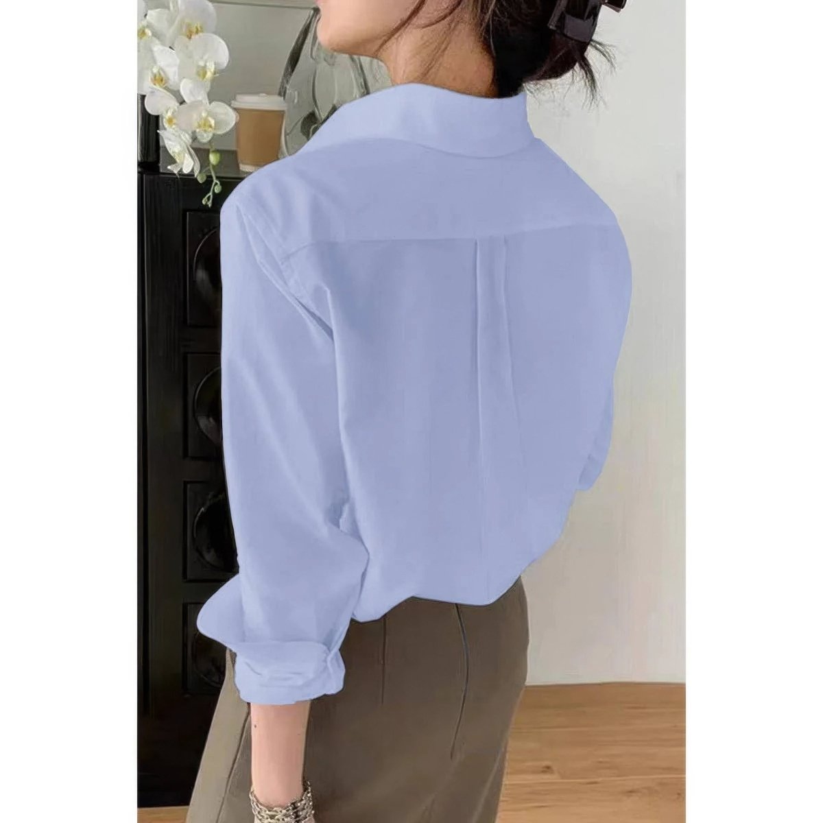 Women's white drop shoulder button-up shirt relaxed loose fit polished everyday style