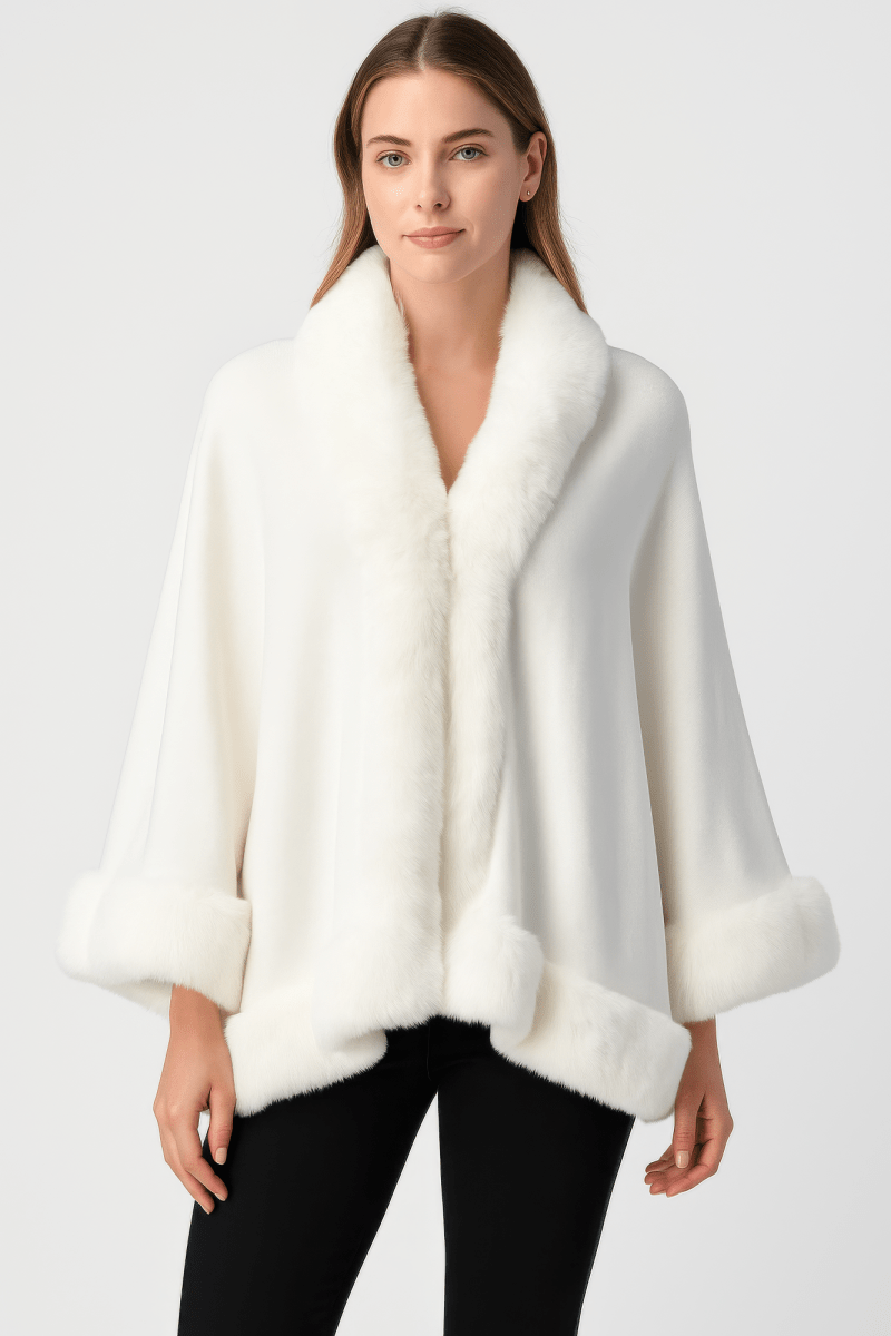 Women's ivory faux fur open-front cape jacket with plush collar, elegant layering piece