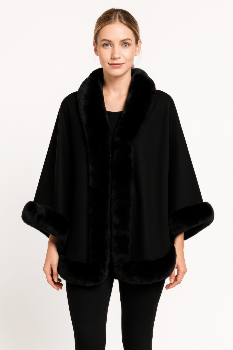Women's beige faux fur open-front cape jacket with plush collar, elegant layering piece