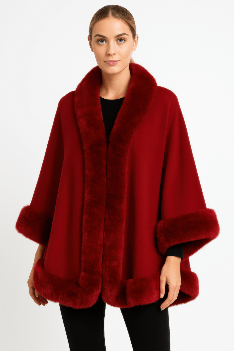 Women's elegant faux fur open-front cape jacket with plush collar, luxurious layering piece