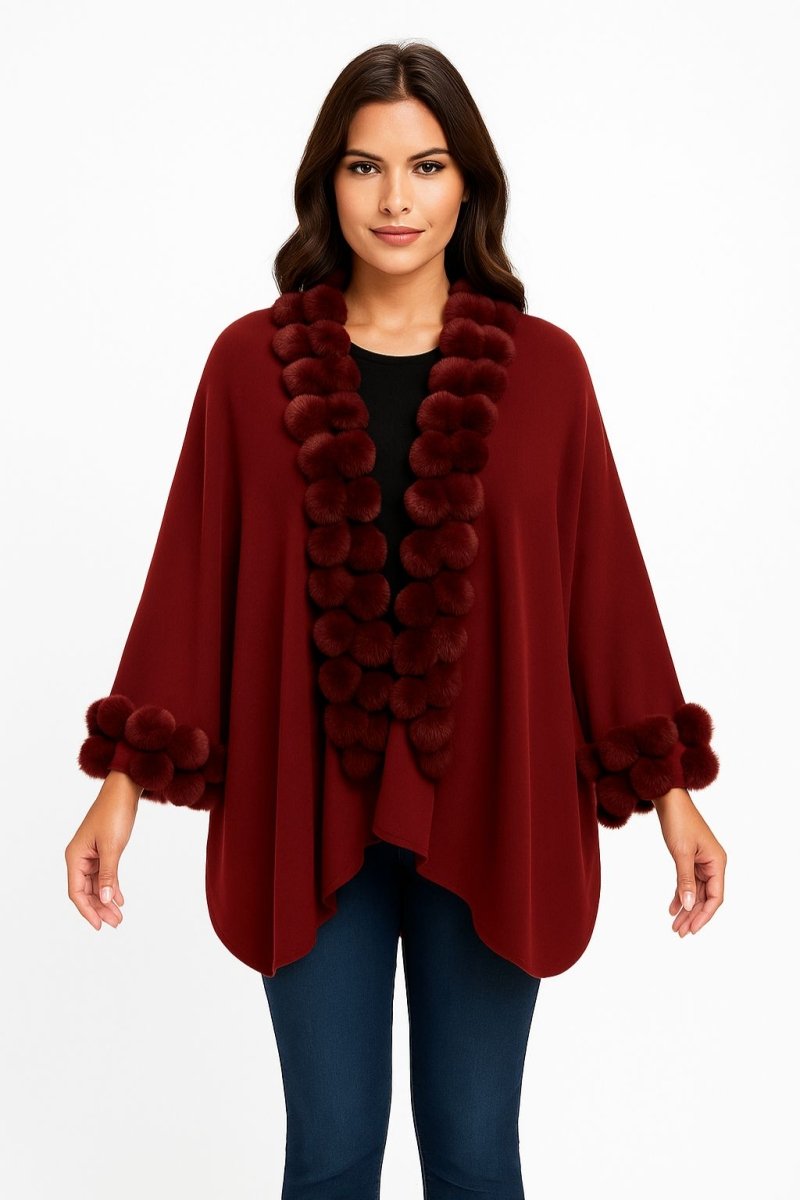 Women's open front cape with faux fur trim, soft luxurious fabric, elegant winter layering piece