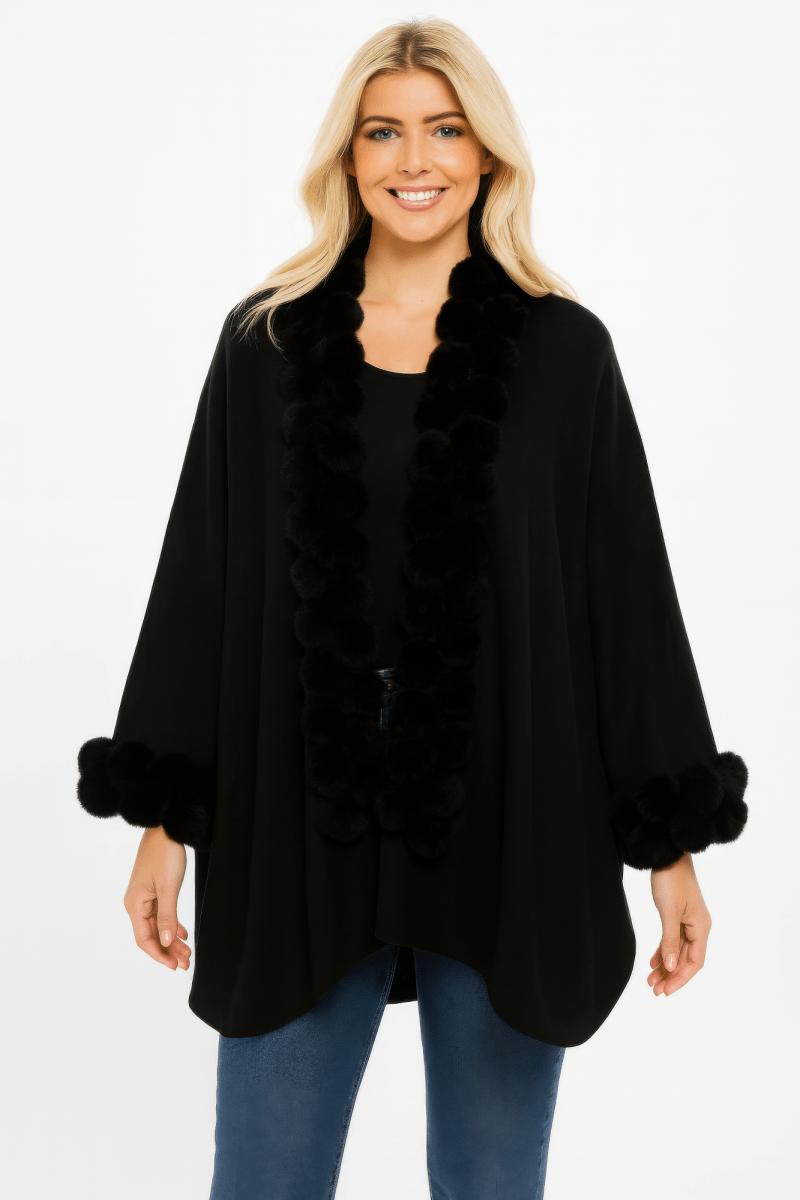 Women's open front winter cape with faux fur trim, soft luxurious fabric, elegant drape silhouette